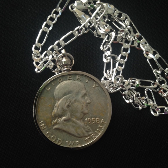 1958 Silver Half Dollar Coin, 18in 925 Chain - Picture 3 of 8